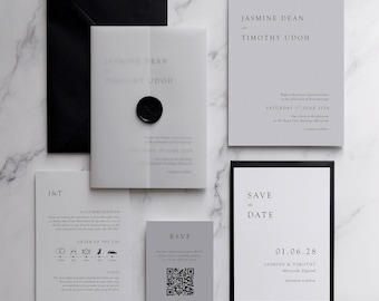 Monochrome wedding Invitation. Black lettering on shades of grey wedding invitation set. Tonal black and white wedding invitation. Modern.