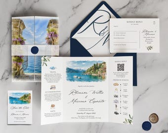 Trouwuitnodigingenset voor een bruiloft aan het Comomeer in Italië, met een vouwmodel, thema 'Groen en water', in keizerlijk blauw, inclusief touw en 'Save the Date'-kaart.