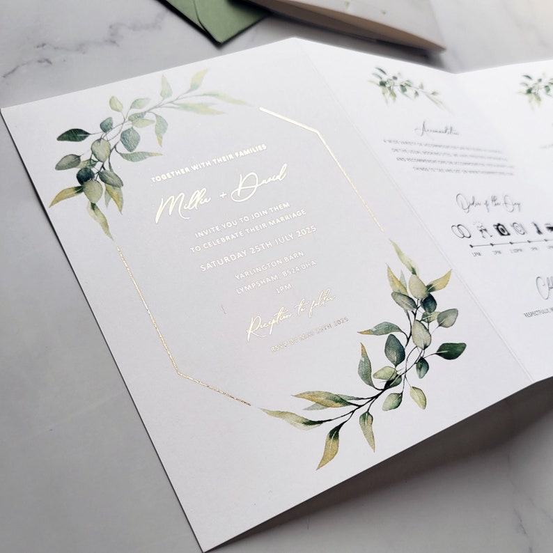 Wedding Invitation Foil & Greenery. Foliage wedding invites, Save the Date, bellyband, vellum image 2