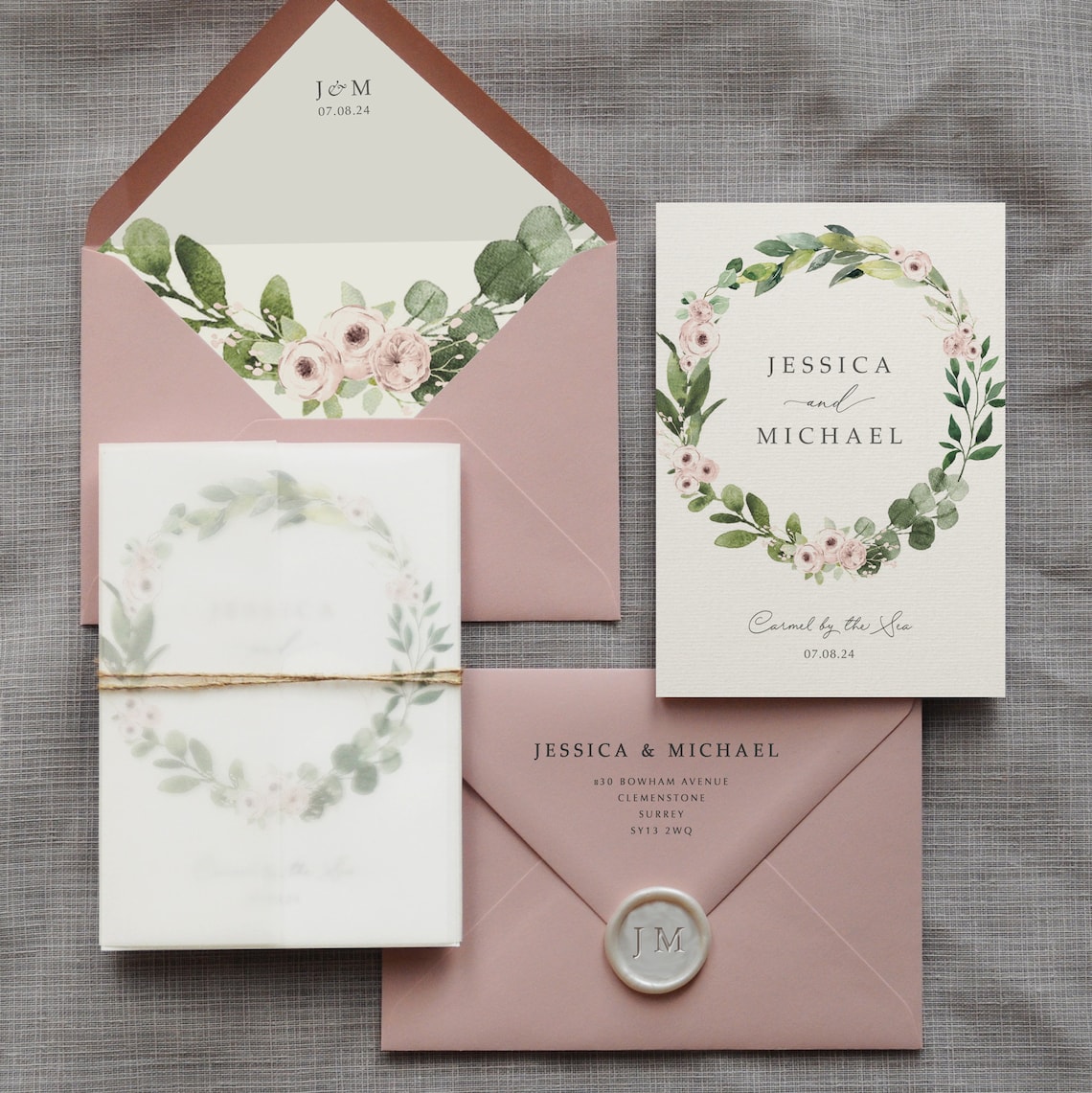 Wedding Invitation Jessica. Greenery Wreath with Pink image 1
