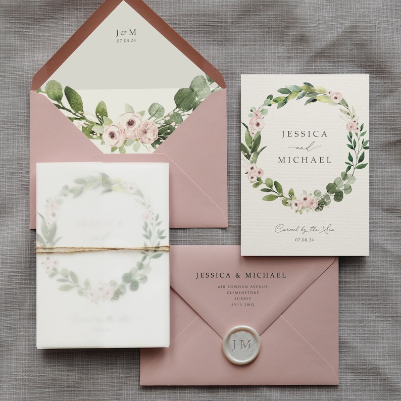 Wedding Invitation - Jessica. Greenery Wreath with Pink Flowers. Eucalyptus and Blush pink florals. With rustic twine and vellum wrap 