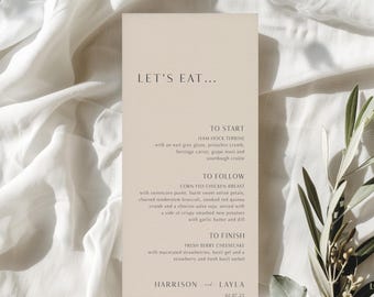 Tonal Wedding Menu Card, Neutral Boho Reception Decor