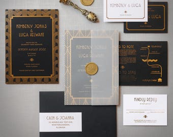 Art Deco Foil Wedding Invitation – Gatsby Style, Save the Date Card