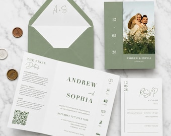 Sage Green, Christina Photo Gatefold Wedding Invitation - Folding invite with timeline. Monochrome wedding invitation set