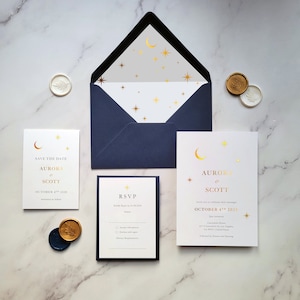 Aurora - Luxury Foil Wedding Invitations with Moon, Sun, Star. Celestial. Silver, Gold or Rose Gold foil, high quality wedding invitations