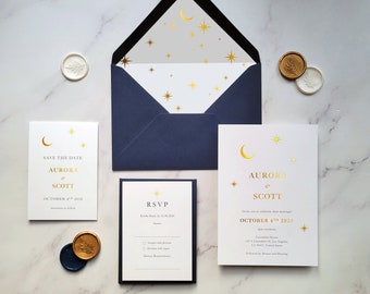 Aurora - Luxury Foil Wedding Invitations with Moon, Sun, Star. Celestial. Silver, Gold or Rose Gold foil, high quality wedding invitations