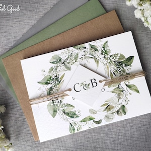 Baby's Breath / Gypsophila. Luxury Wedding Invitation. Greenery Wedding Invites with white flowers & Eucalyptus, twine. image 2