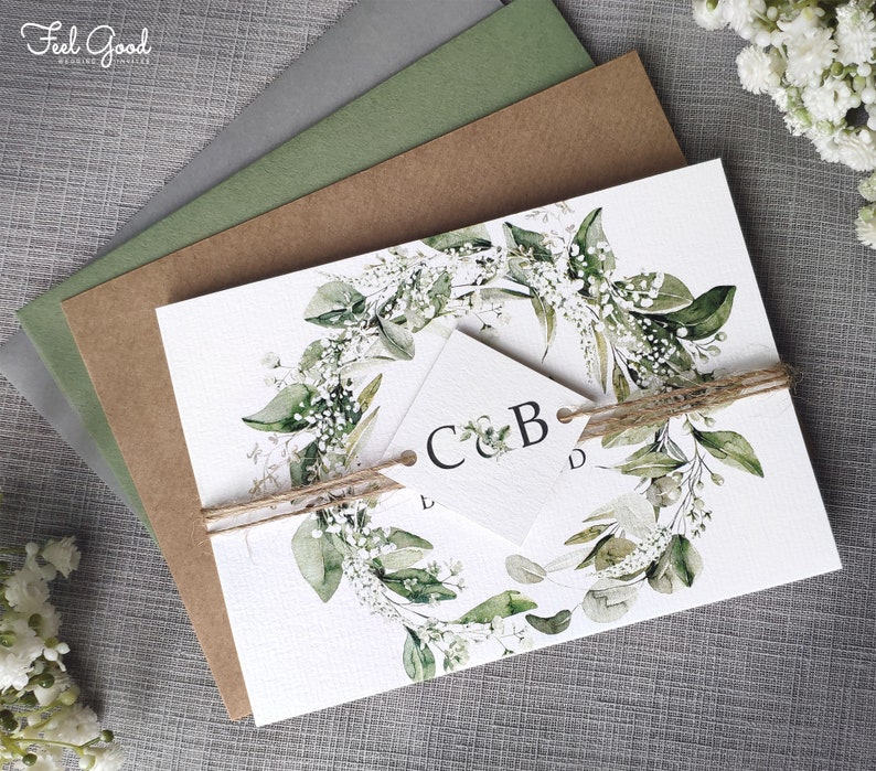 Baby's Breath / Gypsophila. Luxury Wedding Invitation. Greenery Wedding Invites with white flowers & Eucalyptus, twine. image 2