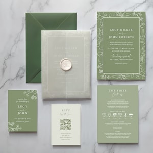 Hochzeitseinladung Sage Tonal. Weiße Schrift auf weisem Grün einladen. Grüntöne. Weiße Blüten