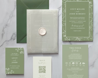 Wedding Invitation Sage Tonal. White lettering on sage green invite. Shades of green. White botanicals