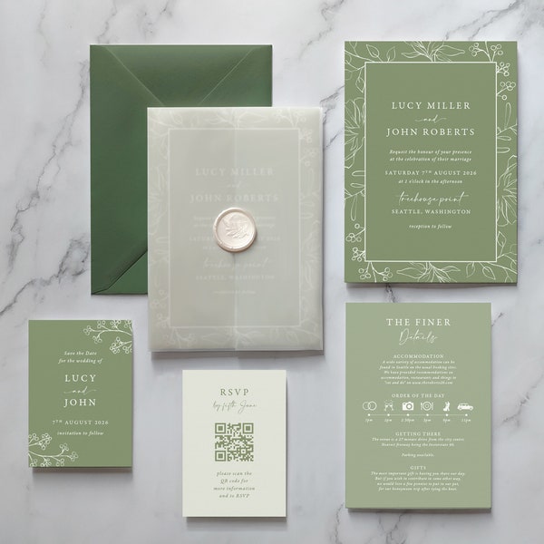 Wedding Invitation Sage Tonal. White lettering on sage green invite. Shades of green. White botanicals