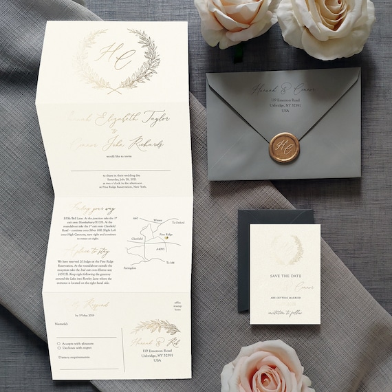 Gold Foil Henley Wedding Invitation – Pearlised Card, Save the Date. 'Henley' design