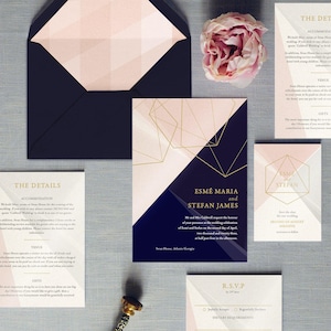 Prisma - Luxus Hochzeitseinladungen - Silber, Gold oder Roségold Folie. Funkelnde Perlenkarte oder echte Metallicfolie. geometrische Hochzeitseinladung