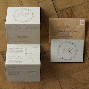 Invitaciones de boda - Historia del bosque. Concertina de la naturaleza. Invitaciones de boda naturales/de granero/de granja/rústicas. Juego de invitaciones de boda con mapa.