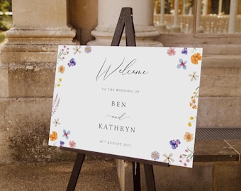 Flora Summer Wedding Welcome Sign, floral welcome sign, reception welcome sign board, easel sign, Pressed Wild Flowers, Floral, Wildflower