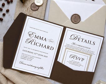 Mocha Brown, Pocket Fold, Wedding Invitations Chocolate Espresso Brown Wedding Stationery Minimalist Modern Elegant Wedding invite Wax seal