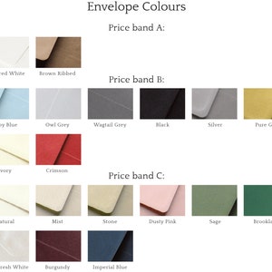 May include: A chart showing different envelope colors organized by price band. The price bands are labeled A, B, and C. The colors include textured white, brown ribbed, baby blue, owl grey, wagtail grey, black, silver, pure gold, ivory, crimson, natural, mist, stone, dusty pink, sage, brooklands, pearl fresh white, burgundy, and imperial blue.