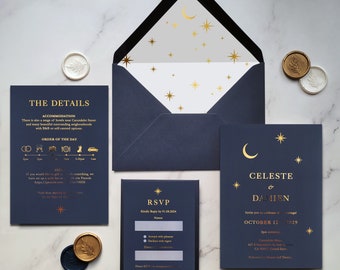 Wedding Invitation Celeste Luxury Foil Navy Invite, celestial Moon, Sun, Star. Silver, Gold or Rose Gold shiny foil, high quality invites