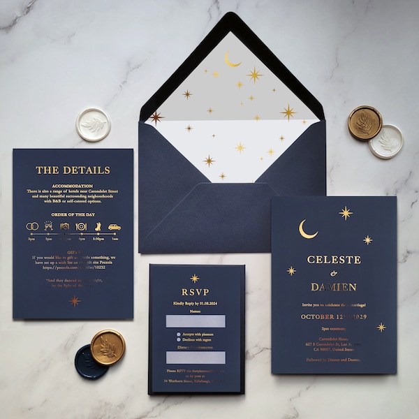 Wedding Invitation Celeste Luxury Foil Navy Invite, celestial Moon, Sun, Star. Silver, Gold or Rose Gold shiny foil, high quality invites