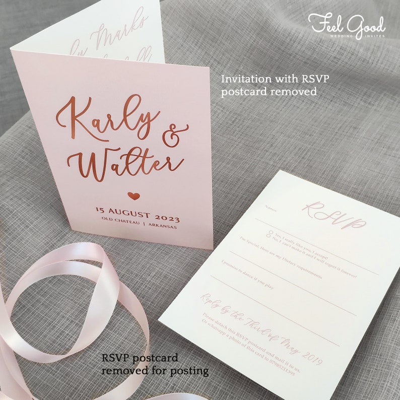 Rose Gold Floral Luxury Folding Wedding Invitations with tear-off RSVP postcard and Vellum wrap. Dusty Pink & foil wedding invites image 3