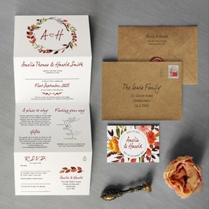 Faire-part de mariage en accordéon qui tombent sous le charme. Faire-part de mariage d'automne. Faire-part de mariage d'automne. Faire-part de mariage rustique.