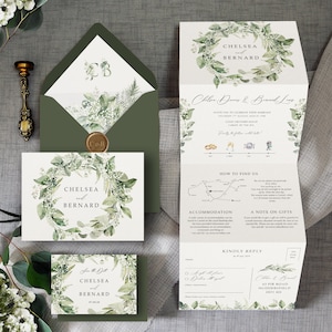 Baby's Breath / Gypsophila. Luxury Wedding Invitation. Greenery Wedding Invites with white flowers & Eucalyptus, twine.