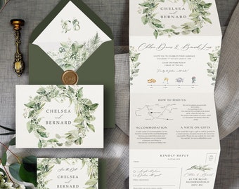 Baby's Breath / Gypsophila. Luxury Wedding Invitation. Greenery Wedding Invites with white flowers & Eucalyptus, twine.