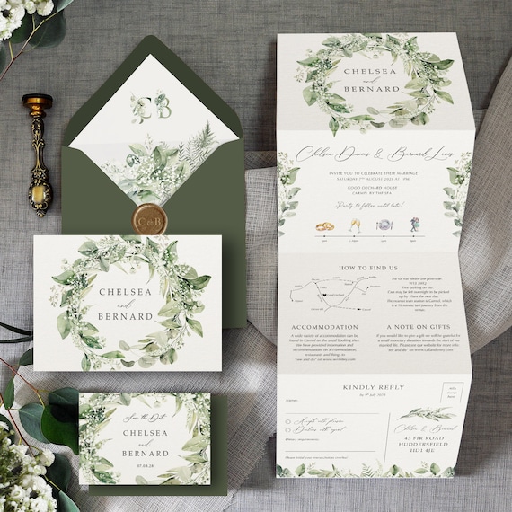 Baby's Breath / Gypsophila. Luxury Wedding Invitation. Greenery Wedding  Invites with white flowers & Eucalyptus, twine.