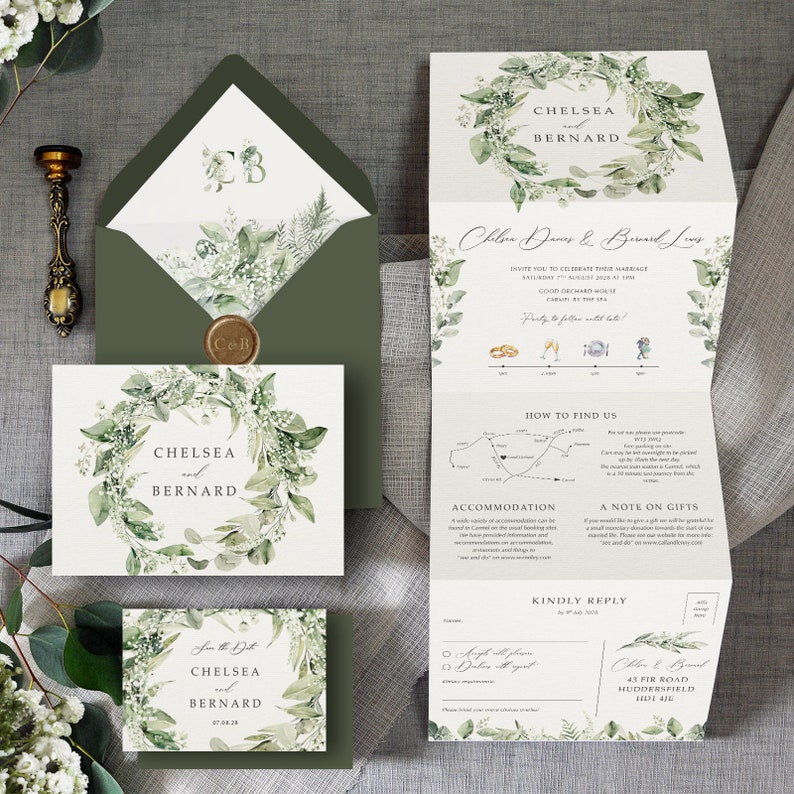 Baby's Breath / Gypsophila. Luxury Wedding Invitation. Greenery Wedding Invites with white flowers & Eucalyptus, twine. image 1