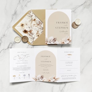 Frankie Wedding Invitation Dried Flowers. Bohemian wedding invitation. Boho Arch. Pampas grass dried flowers. Neutral earthy rustic invite