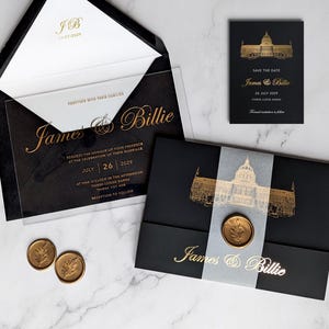 Luxury acrylic foiled wedding invitation. Sitting inside a wrap-around which includes all the details of the wedding & a venue illustration
