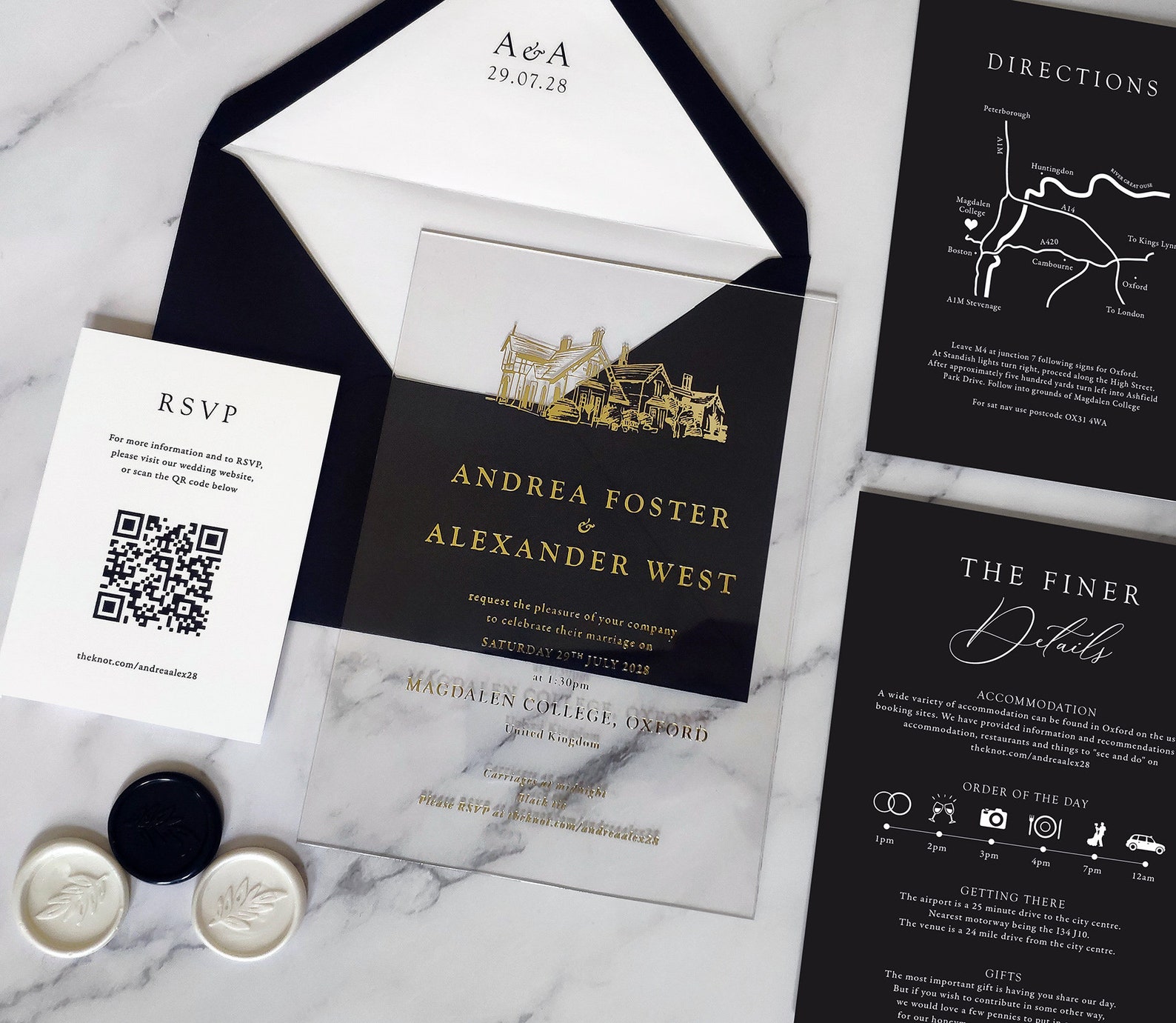 Clear Acrylic Foiled Wedding Invitations Featuring a Venue Illustration ...