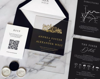 Clear Acrylic foiled wedding invitations featuring a venue illustration. Perspex Transparent, elegant, luxury wedding invites.