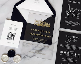 May include: A clear acrylic wedding invitation with gold foil text and a building illustration, accompanied by black envelopes, a white RSVP card with a QR code, a black directions card with a map, a black details card, and three wax seals in black and white.