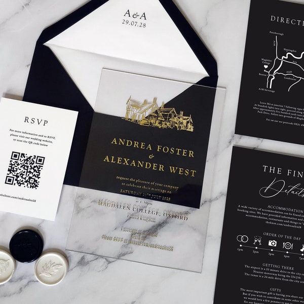 Clear Acrylic foiled wedding invitations featuring a venue illustration. Perspex Transparent, elegant, luxury wedding invites.