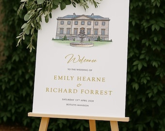 Custom Venue Illustration Wedding Welcome Sign, Colorful Sketch