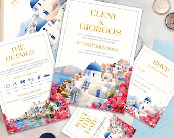 Convite de casamento em Santorini, elegante aquarela, destino Grécia.