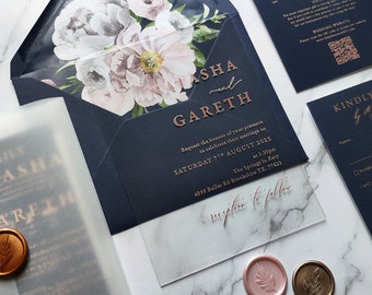 Clear Acrylic wedding invitations featuring rose gold foil. Perspex Transparent, elegant, luxury wedding invites. navy blue and florals