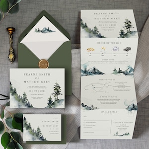 Forest Mountain Wedding invitation. Luxury Concertina Wedding Invitation. Misty Forest. Rustic twine. Outdoor wedding. Country wedding