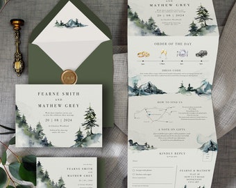 Forest Mountain Wedding invitation. Luxury Concertina Wedding Invitation. Misty Forest. Rustic twine. Outdoor wedding. Country wedding