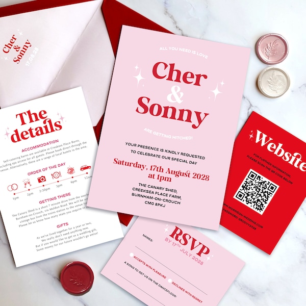 Retro Wedding Invitation. 70's Vintage. Pink red and white invite set. Vintage invitations. 1970s disco
