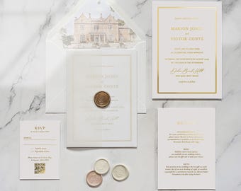 Simple Foil Wedding Invitation. Gold Foil printed on double-thick luxury card. Venue painting inside the envelope, vellum wrap & wax seal