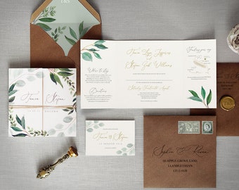 Cyprus - Wedding Invitations & Save the Date or change the date. Eucalyptus luxury folding wedding invites, Rustic green wedding invitations