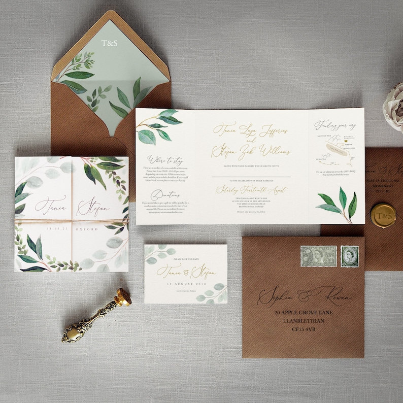 Cyprus Wedding Invitations & Save the Date or change the date. Eucalyptus luxury folding wedding invites, Rustic green wedding invitations image 1