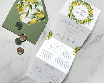 Lemons Mediterranean Concertina Luxury Wedding Invitation. Sicilian Greenery Destination Wedding Invites on Luxury Textured Card.