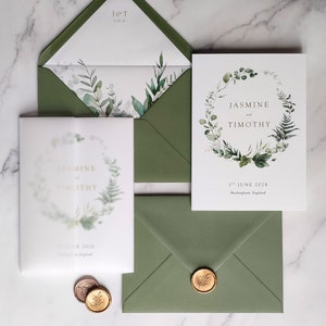 Woodland Foliage Wedding Invitation - Greenery Wreath Eucalyptus wedding invites, Folding wedding invitation with vellum wrap