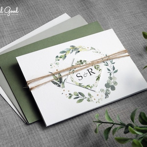 White Floral & Greenery. Luxury Wedding Invitation. Greenery Wedding Invites with white flowers. Eucalyptus, Gypsophila, twine zdjęcie 2