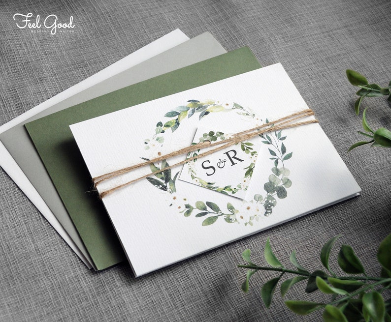 White Floral & Greenery. Luxury Wedding Invitation. Greenery Wedding Invites with white flowers. Eucalyptus, Gypsophila, twine zdjęcie 2