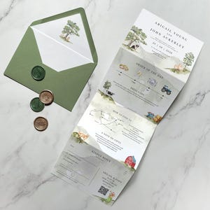 Invito a nozze in stile fattoria. Invito a nozze di lusso in carta testurizzata con fisarmonica. Spago rustico per festival. Matrimonio all'aperto nella foresta. Matrimonio in campagna.