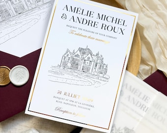 French Chateau Custom Venue Illustration Wedding Invitation, Gold Foil, Burgundy, Luxury Romantic, Parisian Monochrome Design 'Amelie'